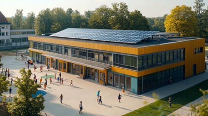 Fototapete - A modern school building with rooftop solar panels, children playing outside 