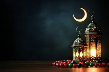 Poster - Illuminated lanterns and crescent moon on dark background.