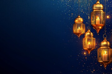 Poster - Golden lanterns with candles on dark blue background.