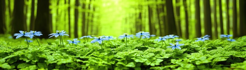 Wall Mural - Blue flowers in a sunlit forest. Nature background for website or poster