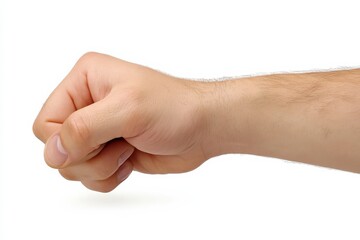 isolated male hand clearly presenting an item on a white surface.