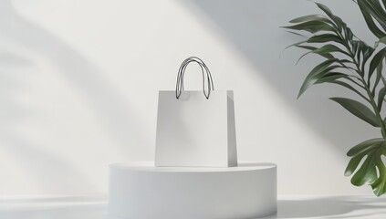 Aufkleber - Blank white paper shopping bag on a white pedestal with plant.