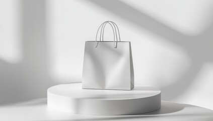 Poster - White paper shopping bag on a white pedestal with light shadows.