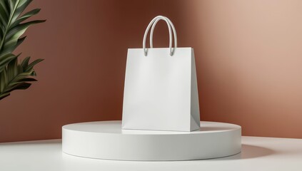 Aufkleber - Blank white shopping bag on a white pedestal against a dusty rose background.