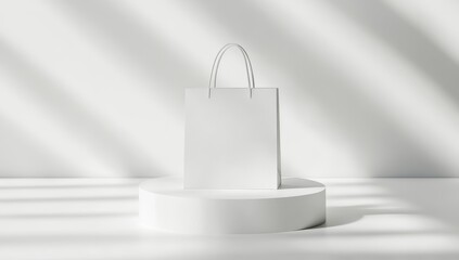 Poster - Blank white paper shopping bag on a minimalist white pedestal with light and shadow.