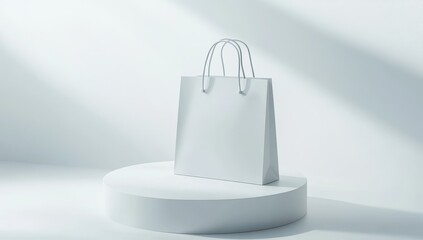 Poster - Blank white shopping bag on a minimalist pedestal.