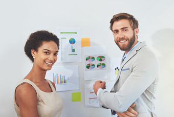 Poster - Documents, wall and portrait with business people in office for analysis of social media traffic. Collaboration, data or thinking with smile of man and woman employee in marketing agency for planning