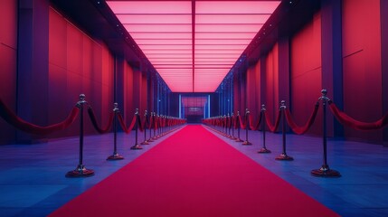 Wall Mural - Wide-angle shot of an empty red carpet with velvet ropes and stanchions in front of a prestigious art gallery 