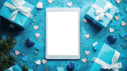 Wall Mural - The concept of celebrating Father's Day. A festive mockup of a tablet in blue tones. men's party. A tablet with a white screen lies on a blue table, surrounded by a pile of gifts and colorful hearts