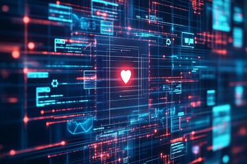 Poster - Glowing Heart in Digital Network Interface Conceptual Data : Generative AI