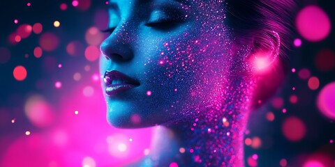 Poster - Ethereal Woman in Glitter with Neon Lights in a Dreamlike Artistic Portrait : Generative AI