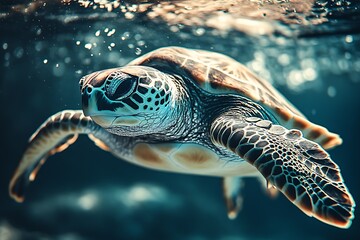Poster - Graceful Marine Turtle Swimming in Crystal Clear Ocean Waters Illuminated by Natural Sunlight : Generative AI