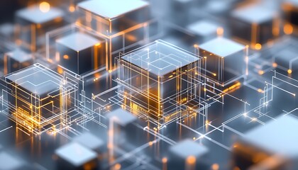 Fototapete - Abstract Digital Technology Concept with Glowing Cubes and Network Connections : Generative AI