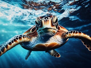 Poster - Underwater Close-Up of Sea Turtle Swimming in Blue Ocean Water with Sunlight Rays : Generative AI