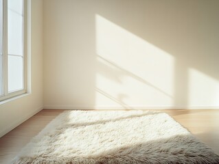 Poster - Minimalist Sunlit Room with Plush White Rug and Natural Light : Generative AI