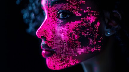 Poster - Innovative Artistic Portrait of Woman with Futuristic Neon Digital Art Effects : Generative AI