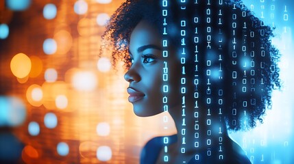 Aufkleber - Diverse Woman in a Digital World with Data Flow Background : Generative AI