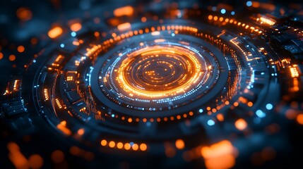 Leinwandbilder - Futuristic Digital Technology with Orange and Blue Holographic Interface : Generative AI