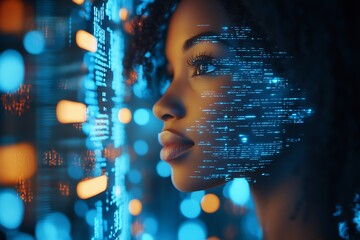 Aufkleber - Futuristic Digital Portrait with Blue and Orange Data Particles on Young Woman's Face : Generative AI