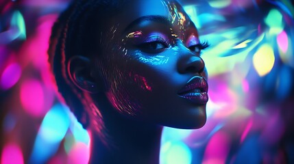 Poster - Vivid Cyberpunk Artistry with Closeup Portrait of Woman in Neon Glow Lighting : Generative AI