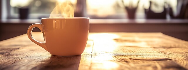 Poster - Steaming Cup of Coffee on Wooden Table at Sunrise in Cozy Interior Setting : Generative AI