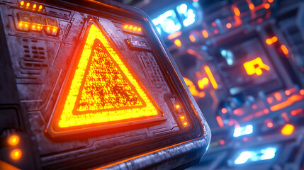 Wall Mural - Glowing Orange Triangle Warning Sign Futuristic Cyberpunk Technology Interface