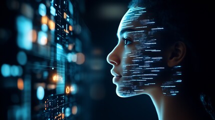 Leinwandbilder - Futuristic Digital Interface with AI Face Analyzing Data Technology in High Definition : Generative AI
