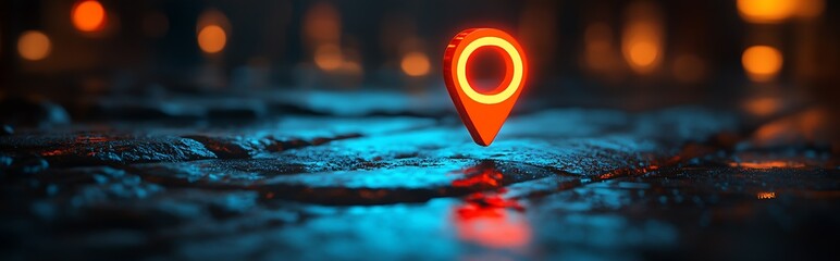 Poster - Illuminated Red Navigation Pin on Wet Cobblestone Street at Night : Generative AI