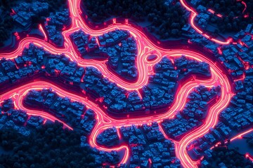 Aufkleber - Aerial View of a Futuristic Neon Glowing City with Intricately Winding Roads : Generative AI
