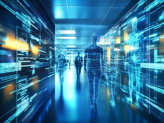Aufkleber - Innovative Blue Digital Human Figures in a Tech-Driven Corridor with Data Streams : Generative AI