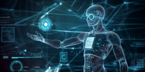 Aufkleber - Interactive Cybernetic Human Blueprint in Advanced Digital Interface Landscape : Generative AI