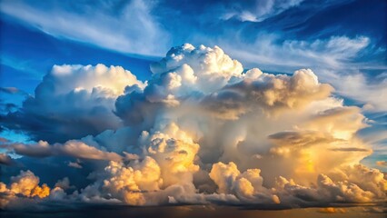Wall Mural - A serene blue sky with fluffy white clouds and a few dark grey thunderheads in the distance, against a soft warm sunlight background, sunshine, weather