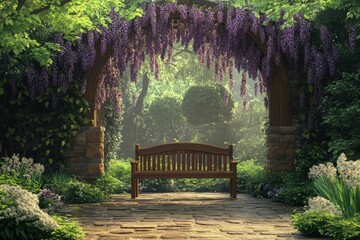 Wall Mural - A peaceful garden scene featuring a wooden bench beneath an archway adorned with wisteria and lush green vines.