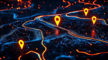 Aufkleber - Digital Navigation Map with Glowing Location Pins and Neon Pathways : Generative AI