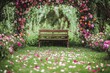 © Sarawut - A romantic garden setting featuring a wooden bench under a vibrant floral archway, with scattered flower petals on the grass.