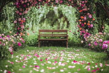 Wall Mural - A romantic garden setting featuring a wooden bench under a vibrant floral archway, with scattered flower petals on the grass.