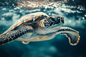 Poster - Close Up of Majestic Sea Turtle Gliding Serenely Through Pristine Marine Ecosystem : Generative AI