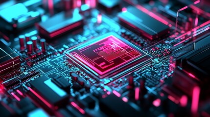 Poster - Vibrant Red and Blue Microchip on Circuit Board with Illuminated Details : Generative AI