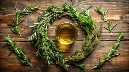 Wall Mural - Fragrant olive oil drips from a leafy herb wreath, surrounded by fresh rosemary and thyme sprigs , olive oil