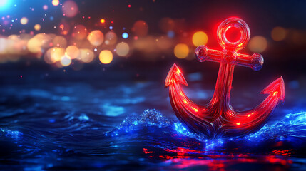 Wall Mural - Glowing Red Anchor on Dark Blue Water at Night