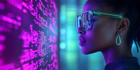 Aufkleber - Confident Woman in Neon Environment Analyzing Data with Stylish Glasses : Generative AI