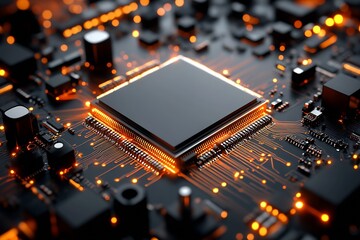Poster - Detailed Microchip and Electronic Circuits with High-Tech Orange Glow : Generative AI