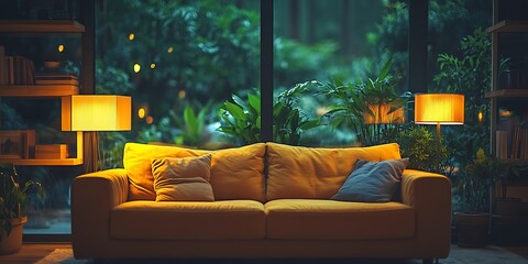 Poster - Charming Living Room with Plush Yellow Sofa and Nature Inspired Decor : Generative AI