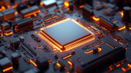 Fototapete - State-of-the-Art Computer Microchip on Electronic Circuit Board with Glowing Neon Elements : Generative AI
