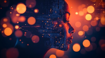 Poster - Artistic Digital Face of Woman Blending Technology with Creativity and Light : Generative AI