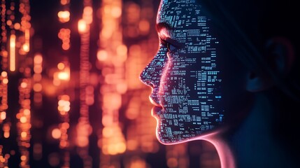 Aufkleber - Futuristic Woman Portrait With Digital Code Overlay in Neon Lights : Generative AI