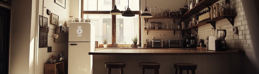 Wall Mural - Cozy Kitchen Interior with Sunlit Counter and Wooden Shelves for Home Design Inspiration