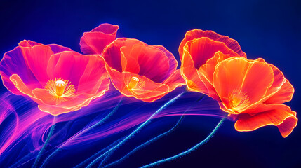 Wall Mural - Glowing Red Poppies Neon Abstract Digital Art