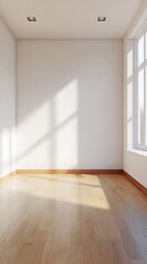 Poster - Spacious Minimalist Room with Bright Windows and Wooden Floor Design for Contemporary Home Interiors : Generative AI