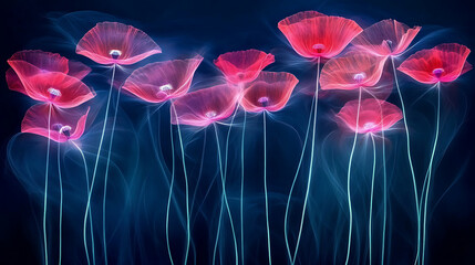 Wall Mural - Glowing Red Poppies on Dark Blue Background Abstract Digital Art